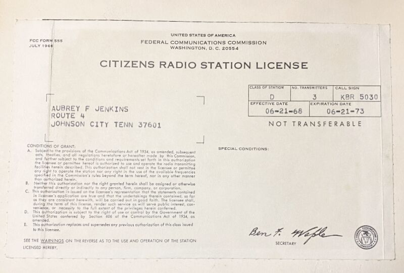 CB radio license belonging to Frank Jenkins from the 1960s